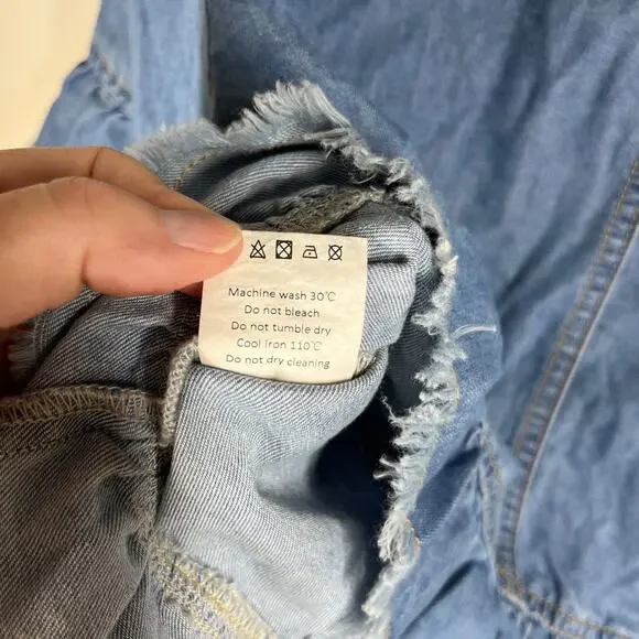 Allegra K Jacket Womens Large Top Layer Lt Wt Denim Cropped Ruffled Jean Frayed - Picture 11 of 12